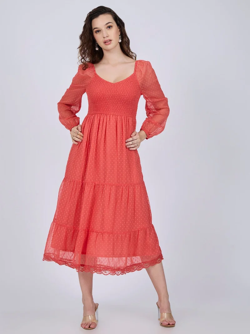 Outzidr  Coral Tiered Midi Dress for Women | Best Price UAE